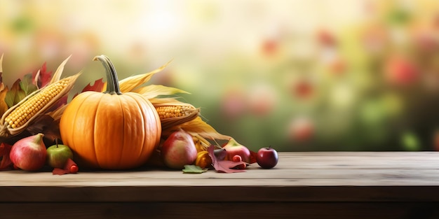 Table d'action de grâce saisonnière avec des citrouilles, des pommes, des poires et des maïs.