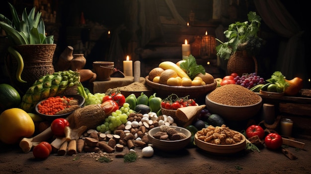 une table avec un affichage de nourriture, y compris des légumes et des fruits