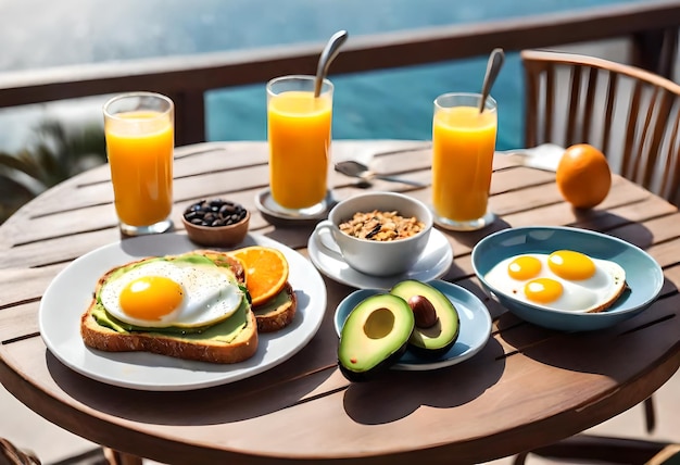 une table avec des aliments pour le petit déjeuner, y compris des avocats, des avocats et des œufs