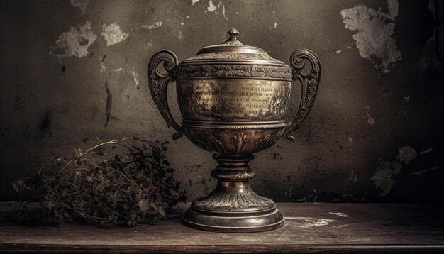 Table ancienne avec vase rustique et décoration de vaisselle ancienne générée par AI