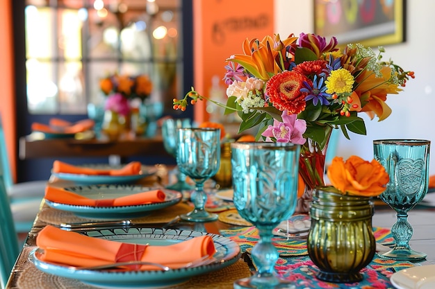 Une table animée avec des fleurs colorées et des verres bleus