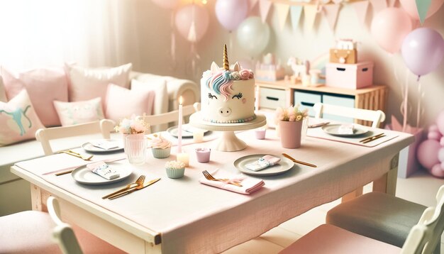 Photo une table d'anniversaire élégante à thème pastel