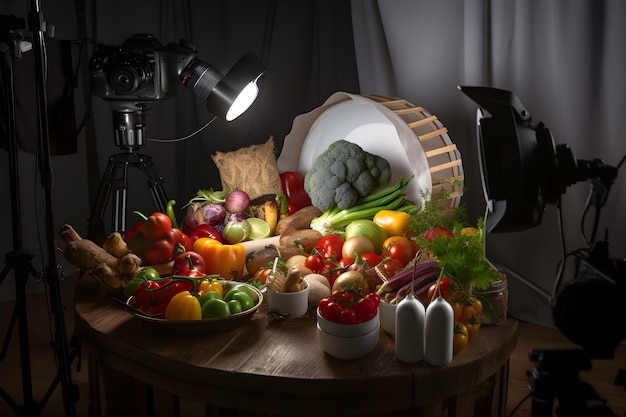 Une table avec un appareil photo et une table pleine de nourriture, y compris des légumes et un appareil photo.