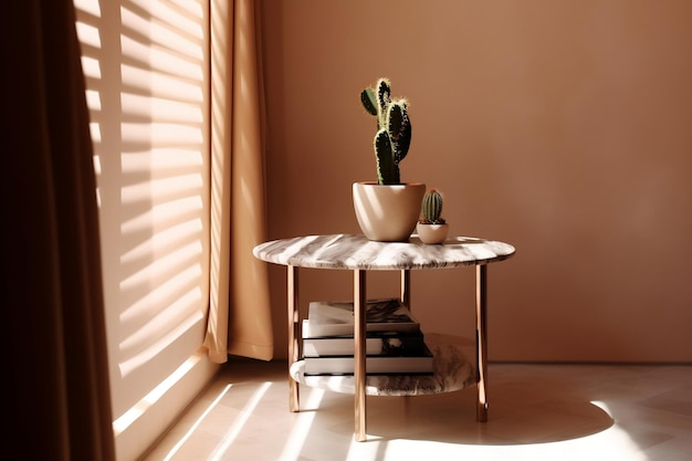 Table d'appoint ronde moderne en marbre blanc avec plantes et ombres Maquette 3D Ai générative