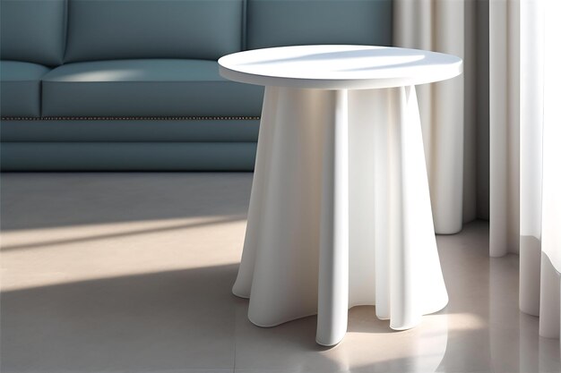 Table d'appoint ronde moderne et vide en terrazzo crème, en tissu blanc doux, drapé de rideau en tissu transparent