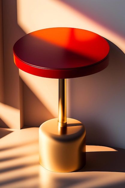 Table d'appoint ronde rouge brillant moderne vide dans l'ombre des feuilles du soleil pommelé sur un mur beige crème