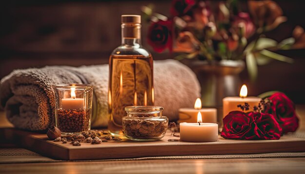 table d'aromathérapie avec des bougies parfumées et une serviette