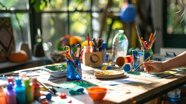 Photo une table d'artiste avec une variété de fournitures d'art, y compris des peintures, des pinceaux, des crayons et des ciseaux