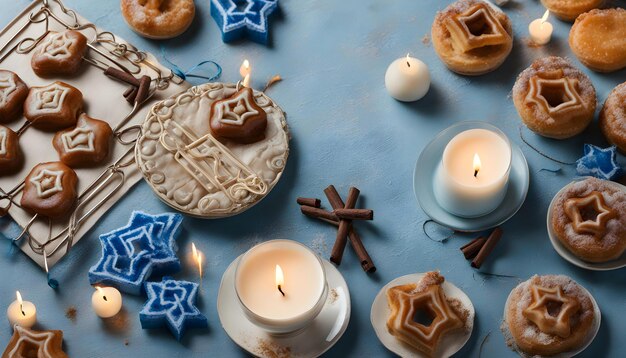 une table avec une assiette de biscuits et une bougie qui dit étoile sur elle