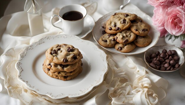 une table avec une assiette de biscuits et une tasse de café