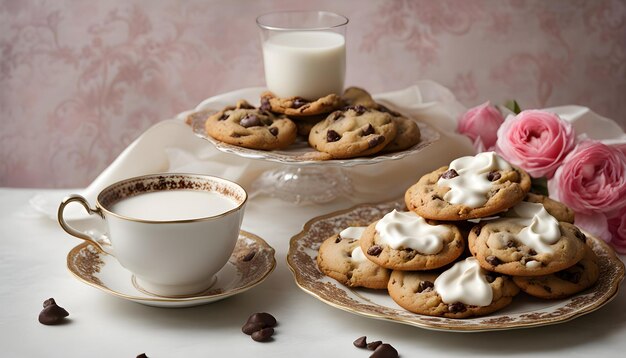 une table avec une assiette de biscuits et une tasse de lait