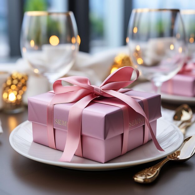 une table avec une assiette de coffrets cadeaux roses dessus