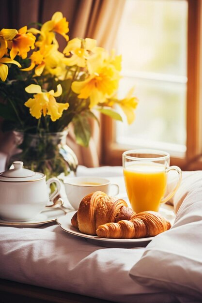 Photo une table avec une assiette de croissants et une tasse de jus d'orange