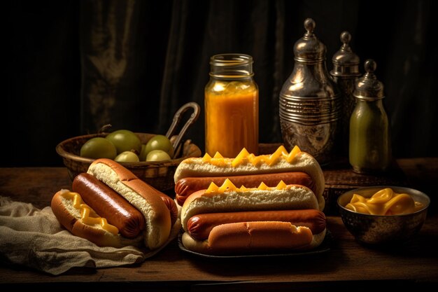 Une table avec une assiette de hot-dogs et un pot de jus d'orange.