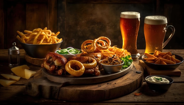 Une table avec une assiette de nourriture et de bière