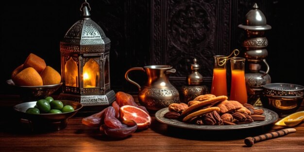 Une table avec une assiette de nourriture et une lanterne avec le mot ramadan dessus.