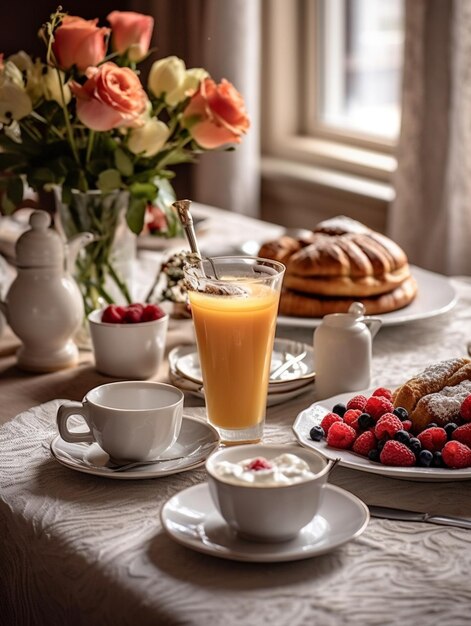 une table avec une assiette de nourriture et une tasse de jus avec une fraise dedans.