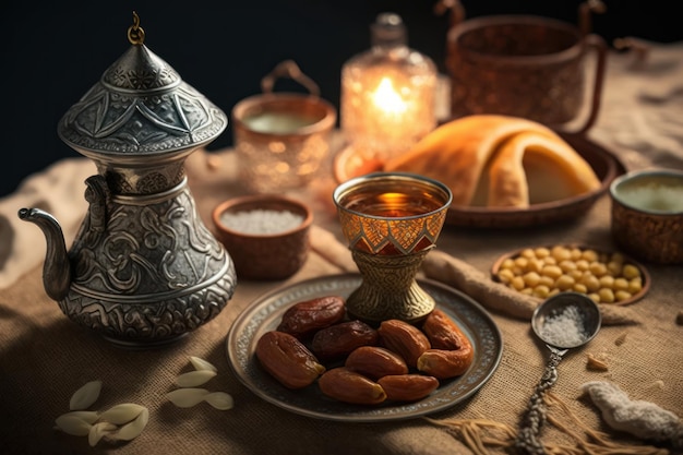 Une table avec une assiette de nourriture et une tasse de thé