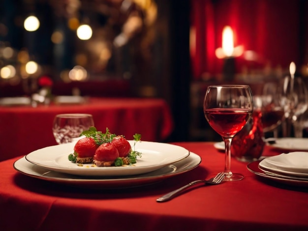 une table avec une assiette de nourriture et des verres de vin dessus