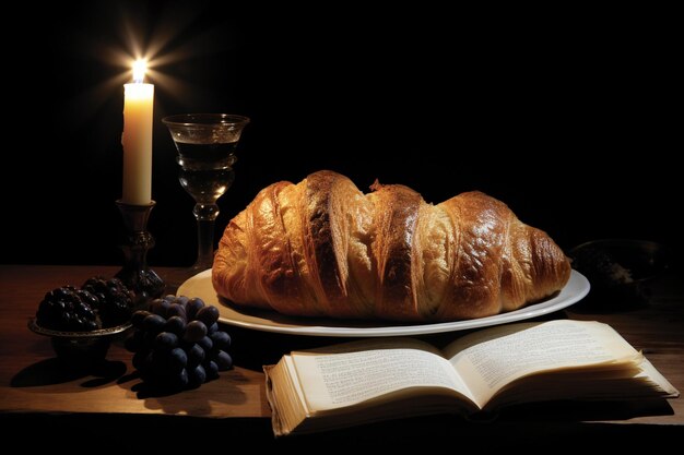 Photo une table avec une assiette de pain et une bougie qui dit croissant