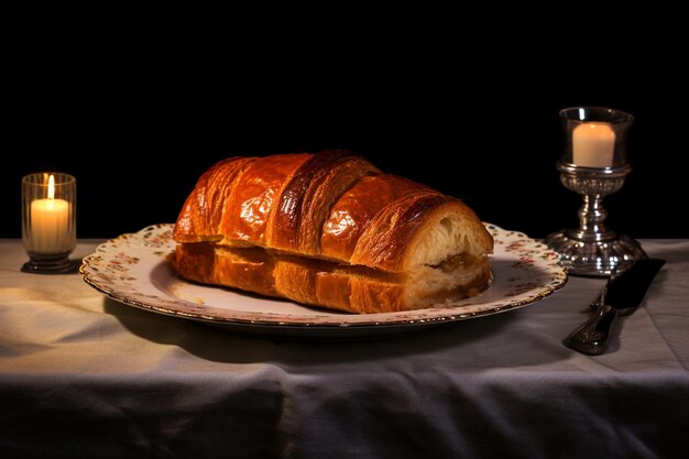 Une table avec une assiette de pain et une bougie qui dit croissant