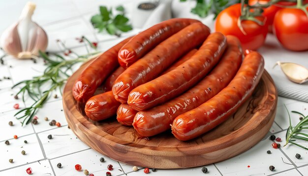 Table et assiette de savoureuses saucisses avec des tomates sur fond de carreaux blancs