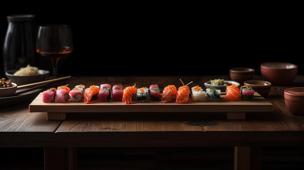 Une table avec une assiette de sushi et un verre de vin