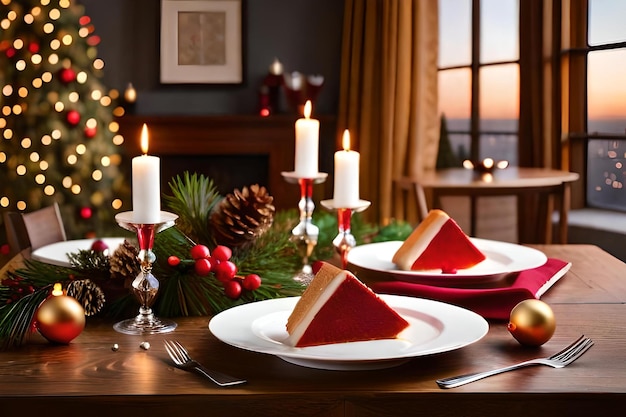 Une table avec des assiettes, des bougies et un gâteau dessus