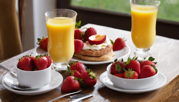 Une table avec des assiettes de fraises et des verres de jus d'orange