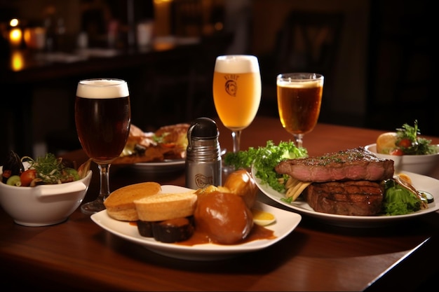 Une table avec des assiettes de nourriture comprenant du steak, de la bière et de la bière.