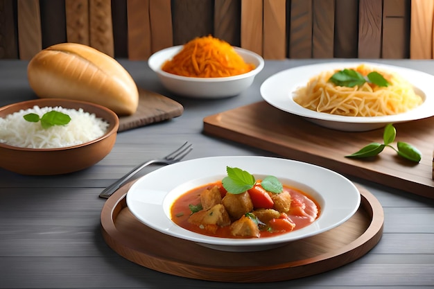 Une table avec des assiettes de nourriture comprenant des spaghettis et un bol de poulet.