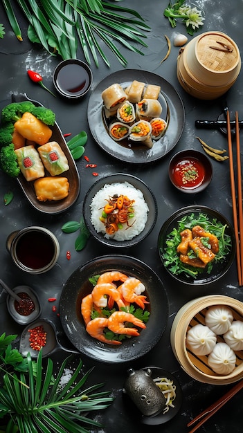 une table avec des assiettes de nourriture, y compris du riz et du sushi