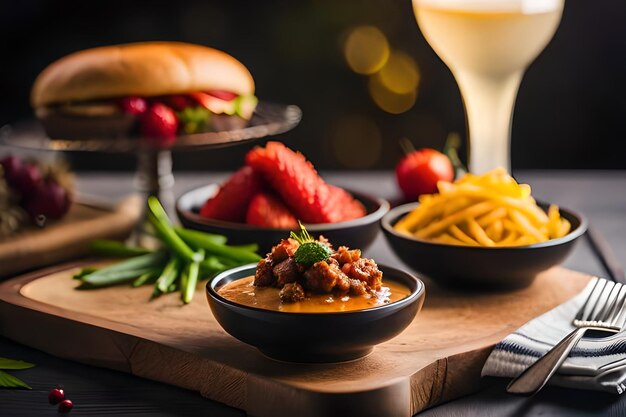 une table avec des assiettes de nourriture, y compris une salade sandwich et des frites