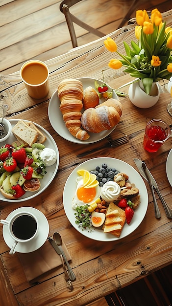 une table avec des assiettes de petit déjeuner, y compris du pain, des fruits et une tasse de café