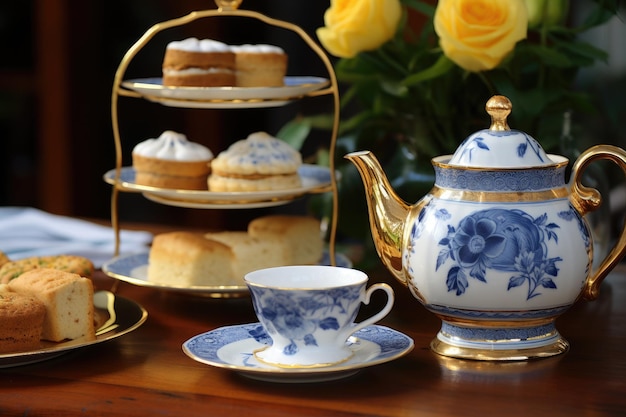 une table avec des assiettes et des tasses