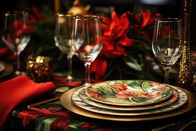 Une table avec des assiettes, des verres et des serviettes de fête