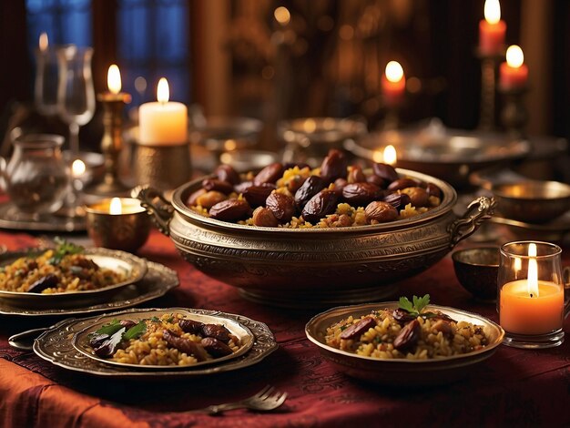 Photo une table avec un assortiment de plats délicieux de ramadan