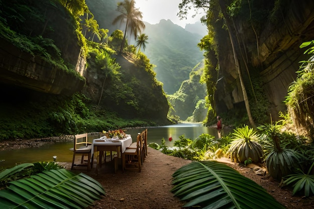 Photo une table au bord de la rivière dans la jungle