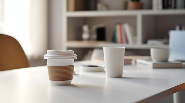 Table au bureau à la maison avec des fournitures et une tasse de café en papier contre le mur blanc Ai Generative