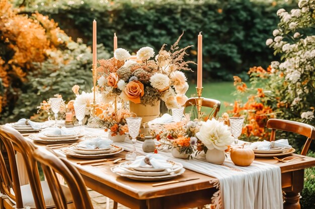 Table d'automne décorée pour le dîner de l'automne, table de vacances, table de mariage, d'anniversaire ou d'événement de fête.