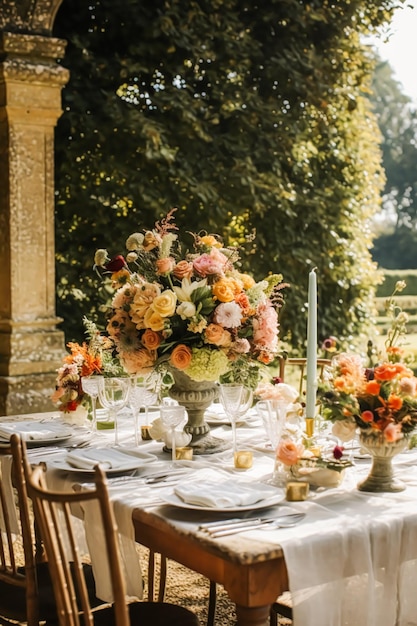 Table d'automne scape table de dîner automnale mise en table de vacances pour anniversaire de mariage ou célébration d'un événement de fête ai générative post-traitée