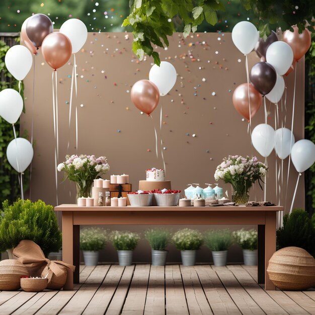 Une table avec des ballons et des décorations est disposée sur un patio