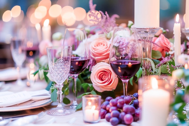 Une table de banquet florale luxueuse à la lumière de bougies