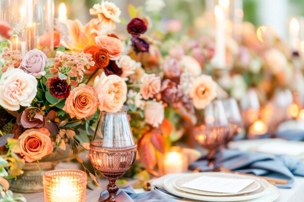 Une table de banquet florale luxueuse à la lumière de bougies