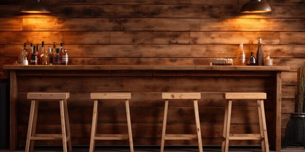 table de bar en bois à l'arrière-plan avec des tabourets