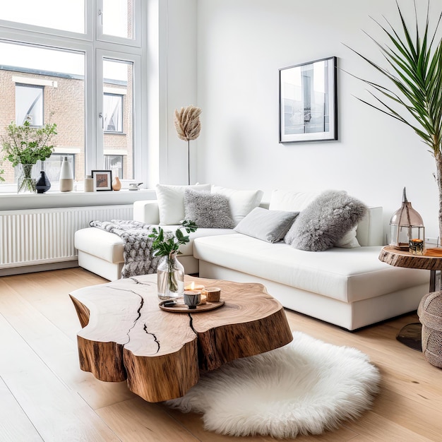 La table basse en forme de souche d'arbre en bois naturel améliore le luxe et le design intérieur du salon.
