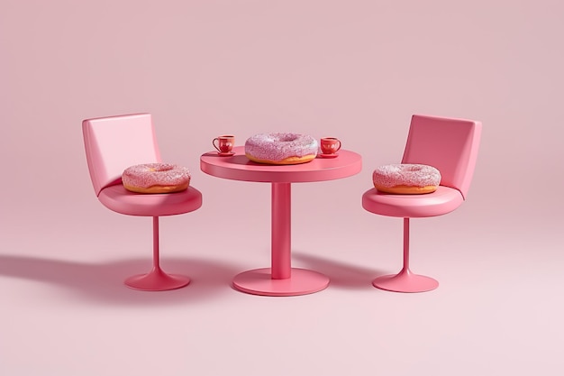 Table basse minimale avec beignets et deux tabourets couleur rose fond rose monde rose AI généré