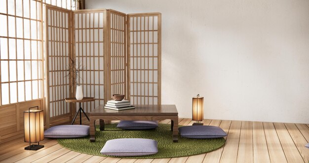 Photo table basse et oreiller dans une chambre minimale style japonais