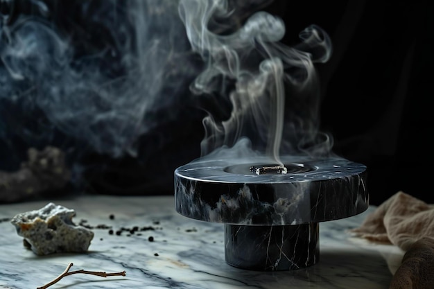 Table de bâtons d'encens brûlant avec de la fumée sur un fond sombre