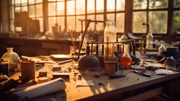 Une table avec beaucoup de bouteilles de chimie dessus